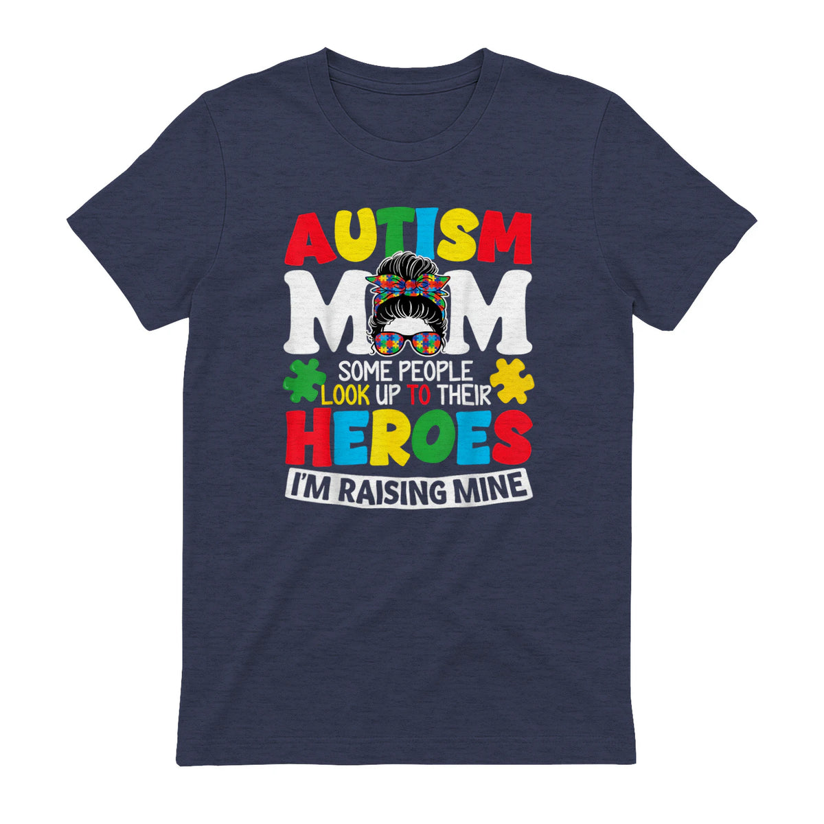 Autism Mom Raising Hero Messy Bun Autism Awareness in Heather Navy - back view