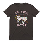 Funny Just a Girl Who Loves Sloths T-Shirt Sloths Lover Gift in Dark Chocolate - back view