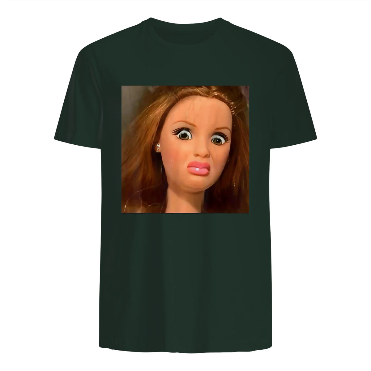 Funny Doll Face Meme Expression Hilarious Sarcastic in Forest Green - back view
