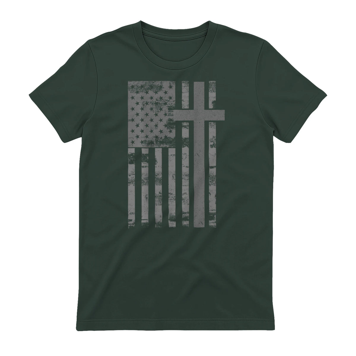 (Art) American Flag Christian Faith Cross Patriotic T-Shirt in Forest Green - back view