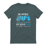 In April We Wear Blue Autism Awareness T-Shirt in Dark Heather - back view