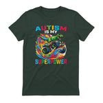 Autism is My Superpower Dino T Rex Monster Truck Kids Boys in Forest Green - back view