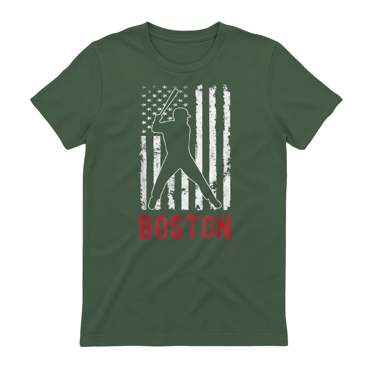 Boston Massachusetts American Flag Baseball Weathered T-Shirt in Military Green - back view