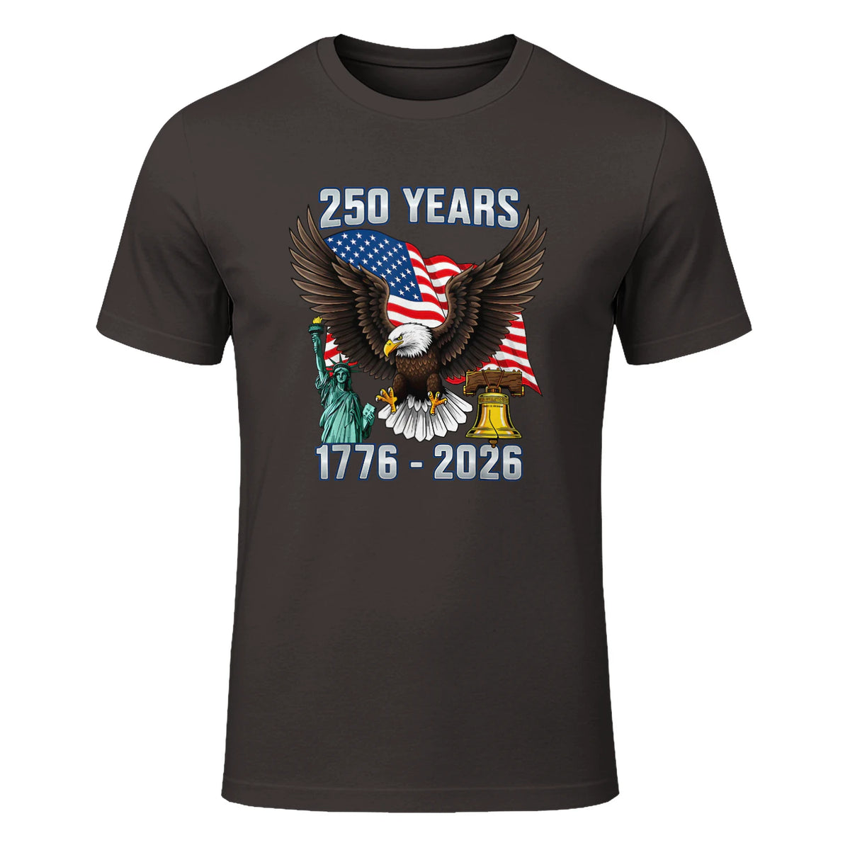 American Flag Fourth of July Anniversary T-Shirt in Dark Chocolate - front view