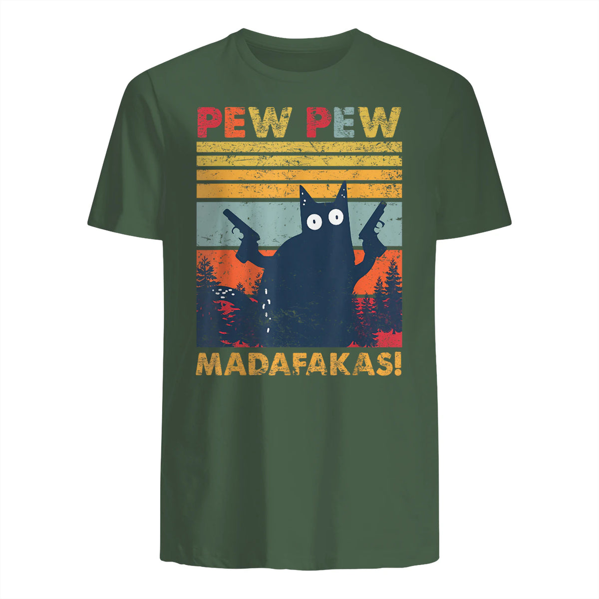Pew Pew Madafakas Vintage verrückte Katze lustige Grafik in Military Green - back view