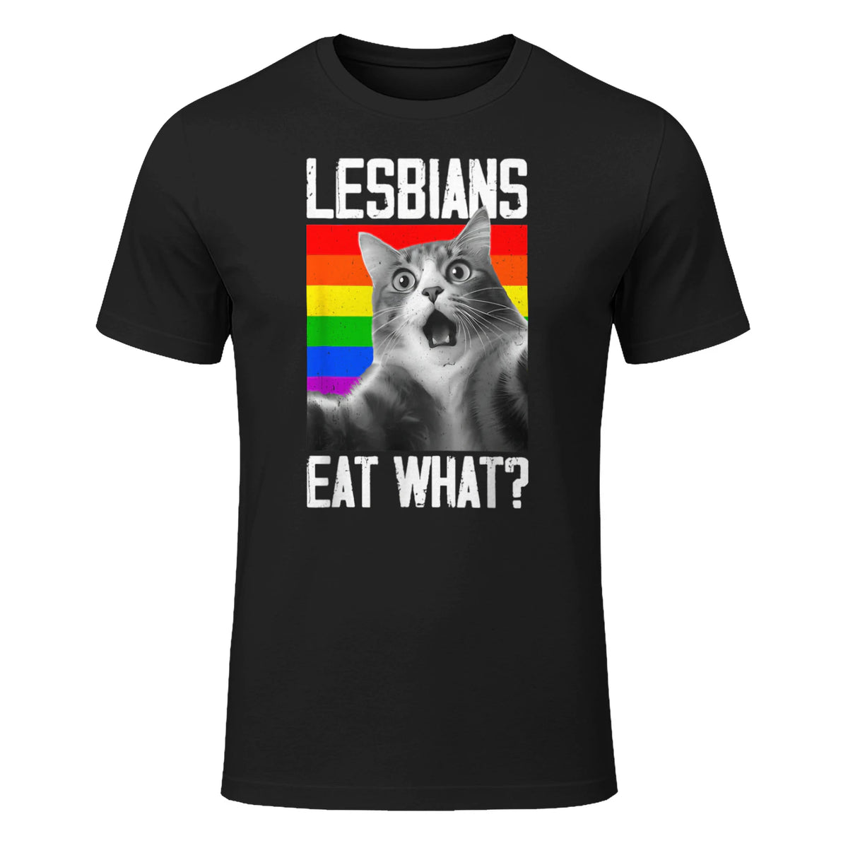 Lesbians Eat What? LGBT Lesbian Girlfriend Funny Cat Gift T-Shirt in Black - front view