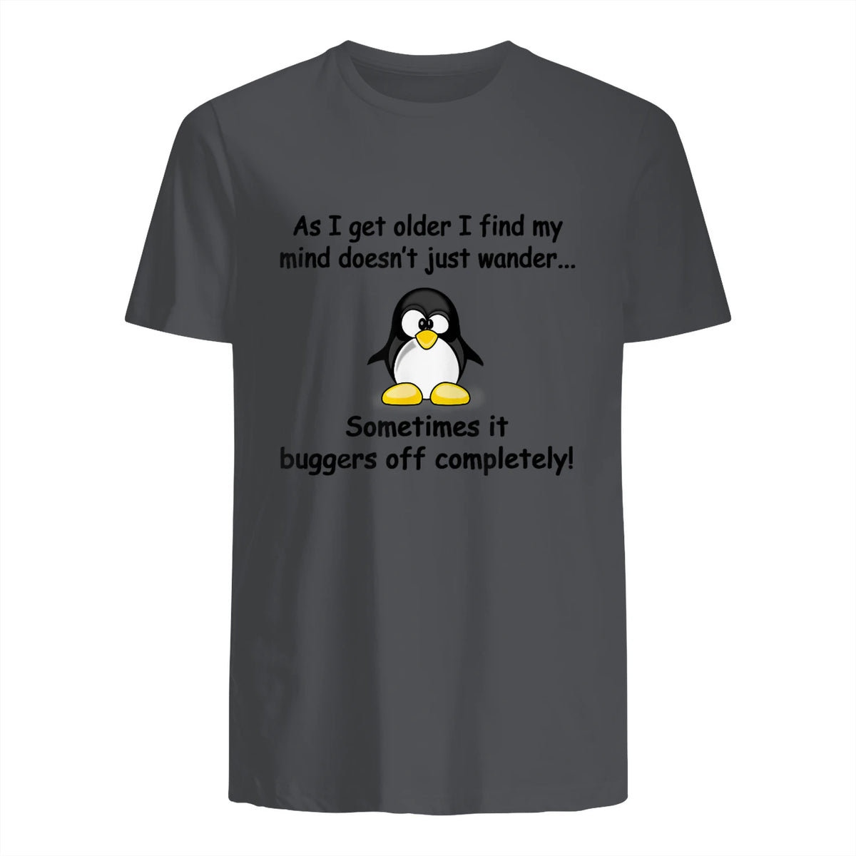 Funny silly penguin t-shirt mens ladies retirement gift in Charcoal - back view