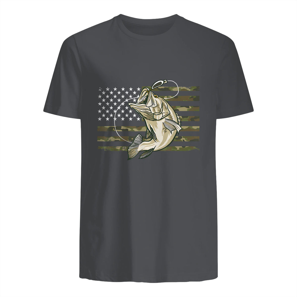 Fishing Camouflage US American Flag Bass Fish Fisherman Camo T-Shirt in Charcoal - back view