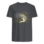 Fishing Camouflage US American Flag Bass Fish Fisherman Camo T-Shirt in Charcoal - back view