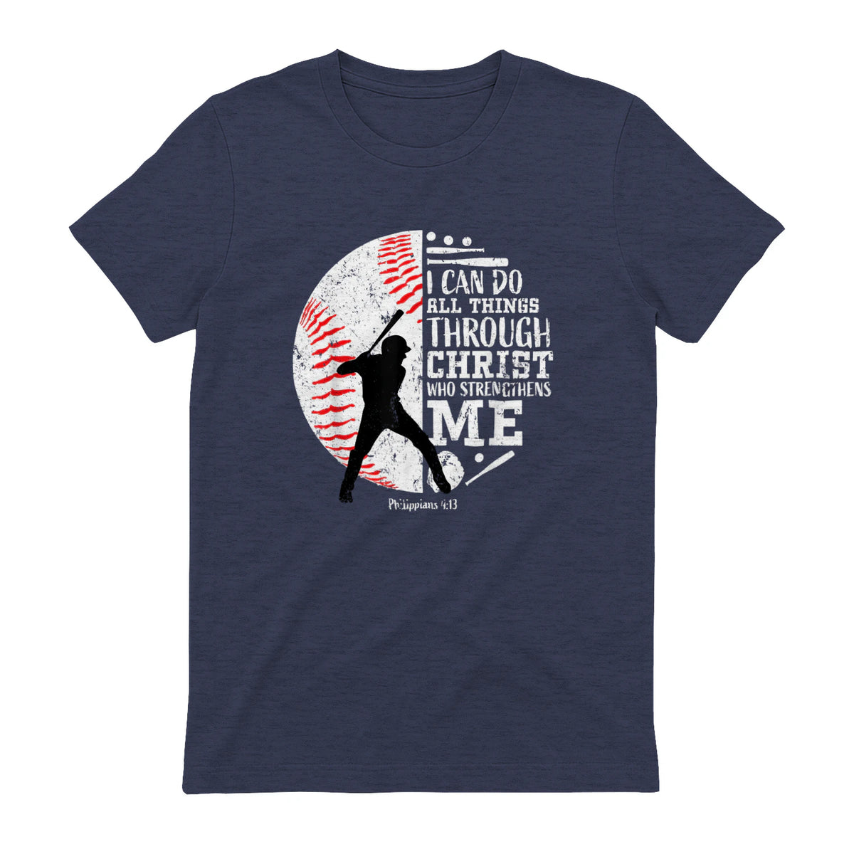 Philippians Four Thirteen Baseball Player Graphic with Bible Verse T-Shirt in Heather Navy - back view