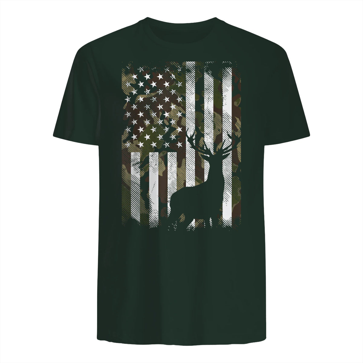 Camo US Flag Deer Elk Buck Camoflage Hunting Hunter Dad Gift Short Sleeve in Forest Green - back view