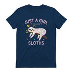 Funny Just a Girl Who Loves Sloths T-Shirt Sloths Lover Gift in Navy - back view