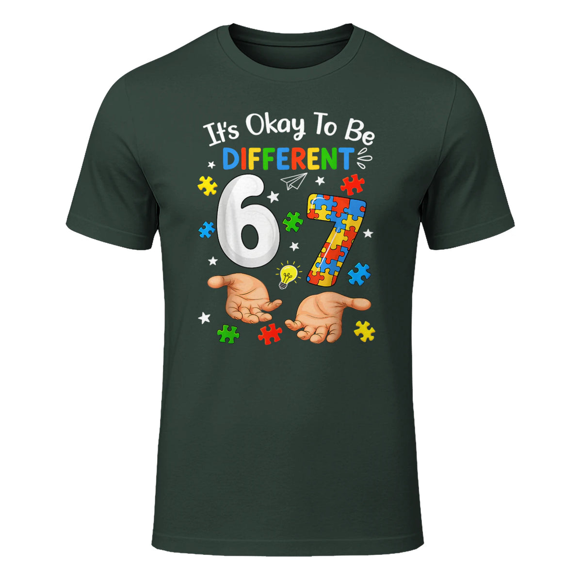 Six Seven Autism Awareness T-Shirt in Forest Green - front view