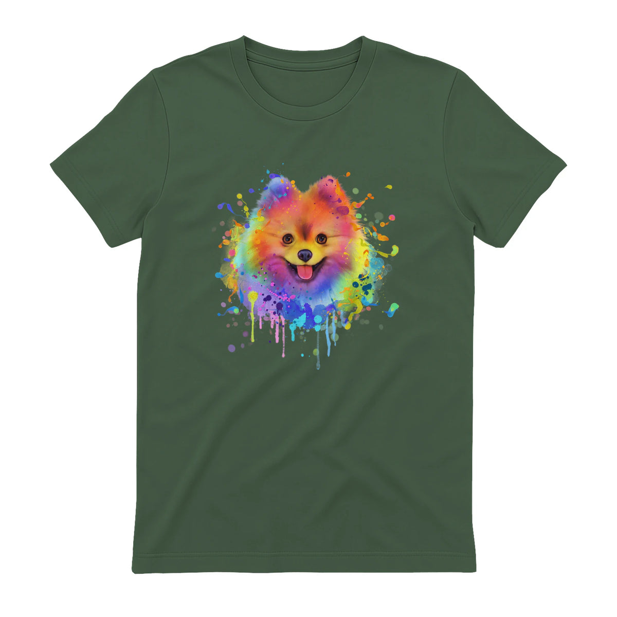 Colorful Splash Art Poméranie Portrait Pom Puppy Owner in Military Green - back view