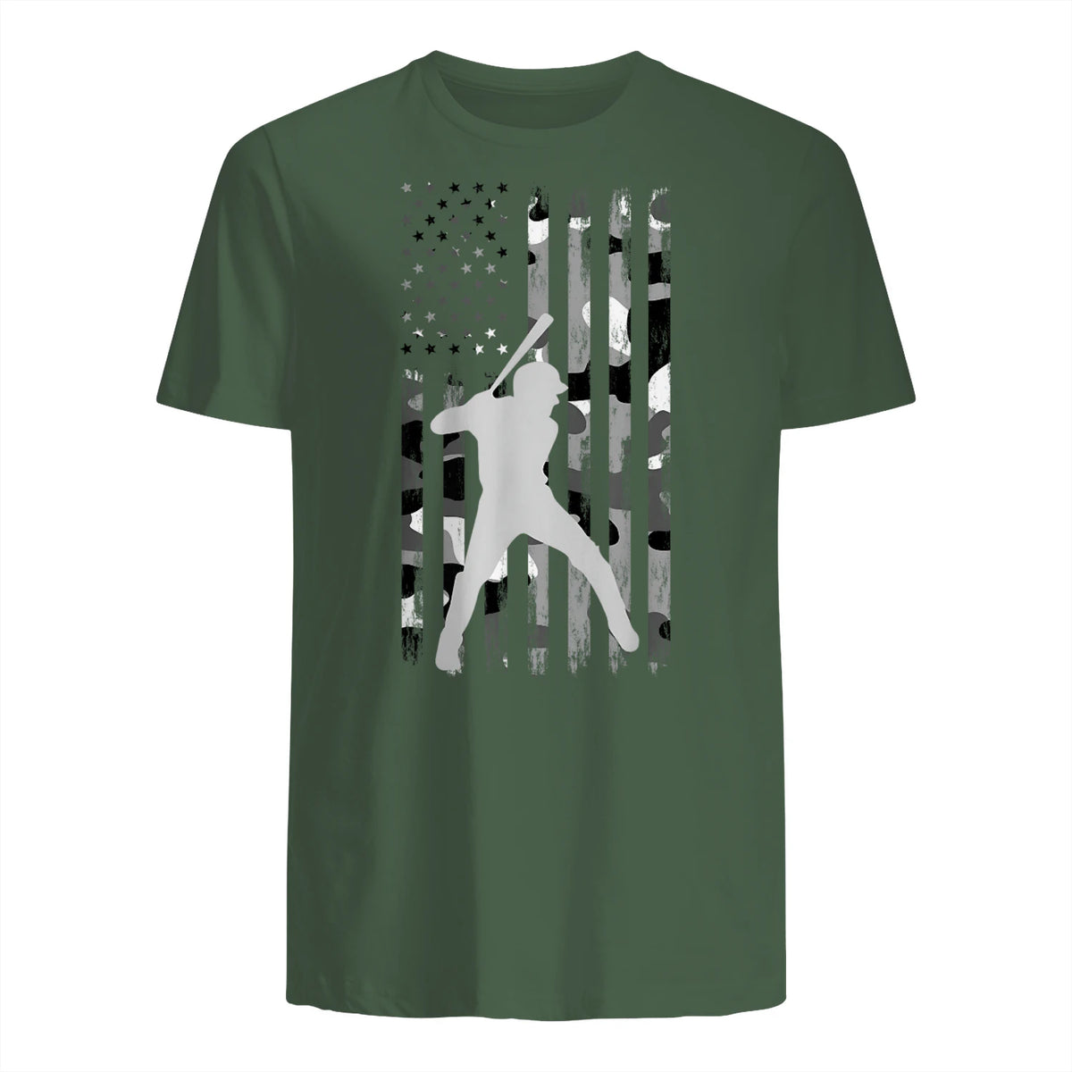 Baseball Player American Flag USA Camo Patriotic Graphic T-Shirt in Military Green - back view