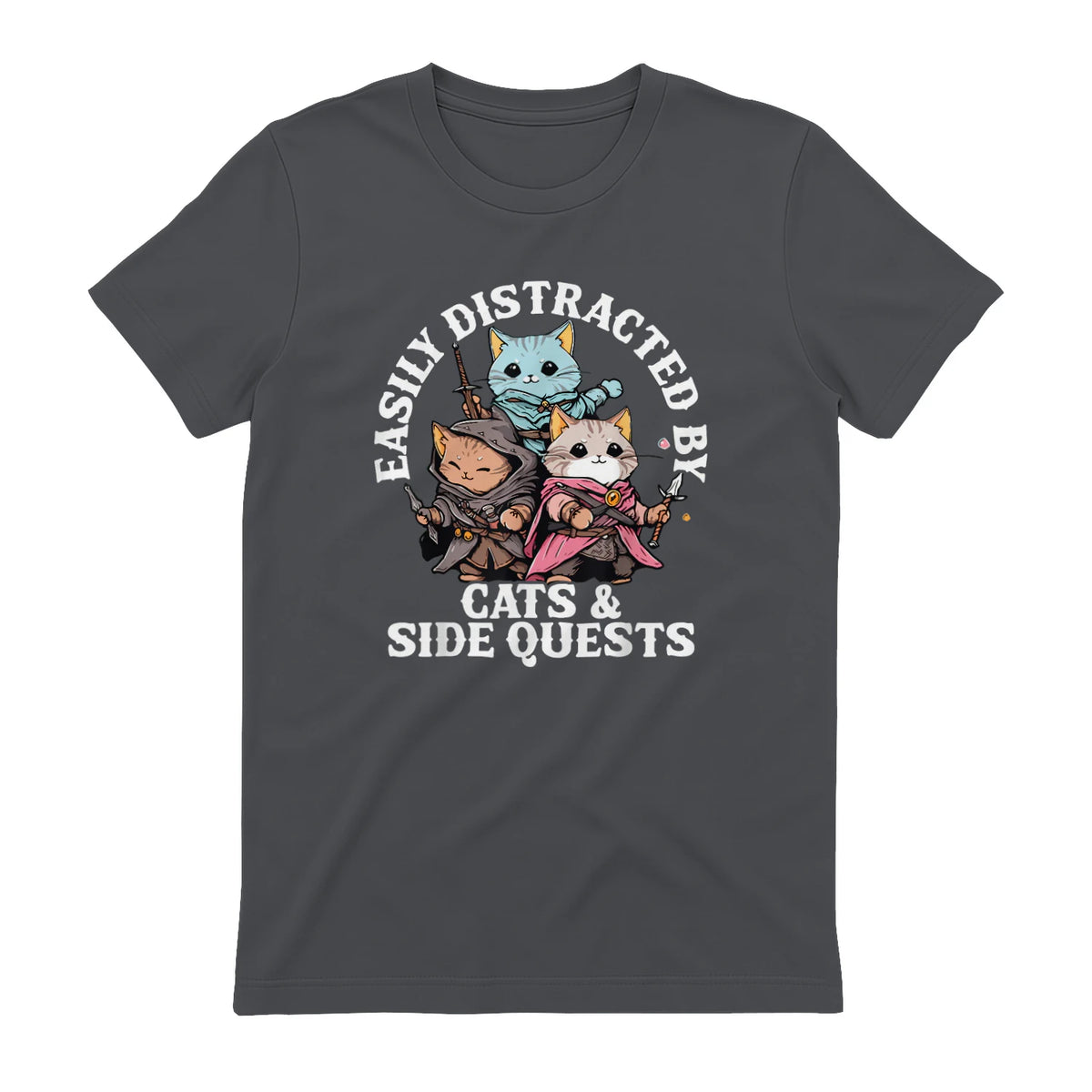 Cats Side Quest Funny Tabletop T-Shirt in Charcoal - back view