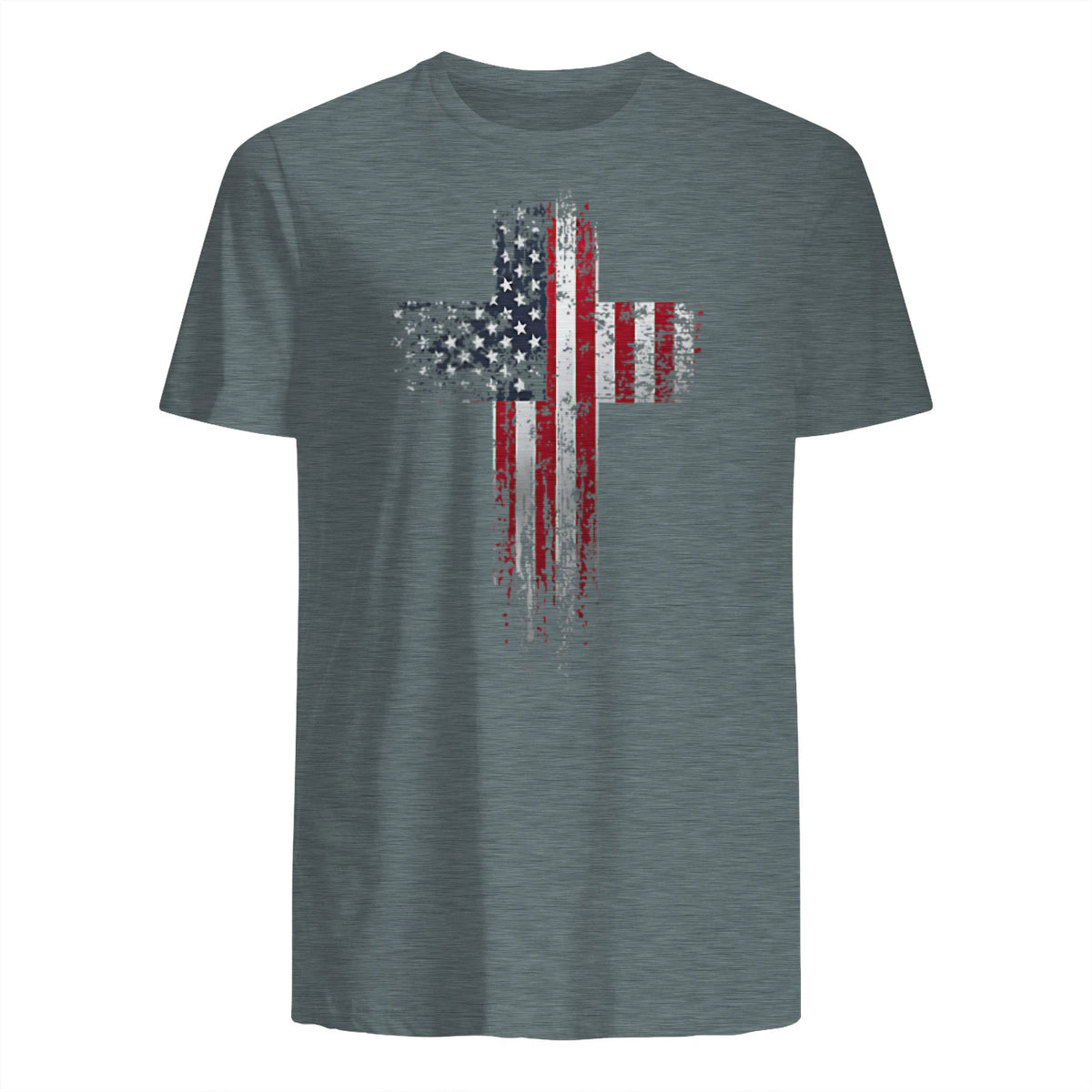 American USA Flag Christian Cross T-Shirt in Dark Heather - back view