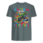 Autism is My Superpower Dino T Rex Monster Truck Kids Boys in Dark Heather - back view