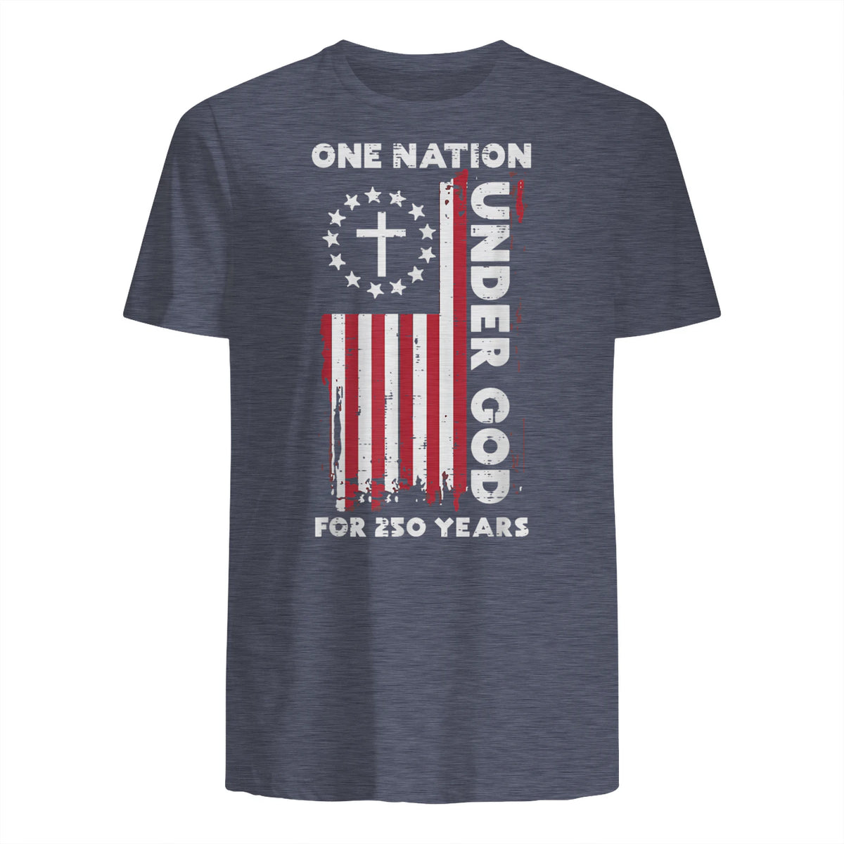 Christian American Flag Anniversary T-Shirt in Heather Navy - back view