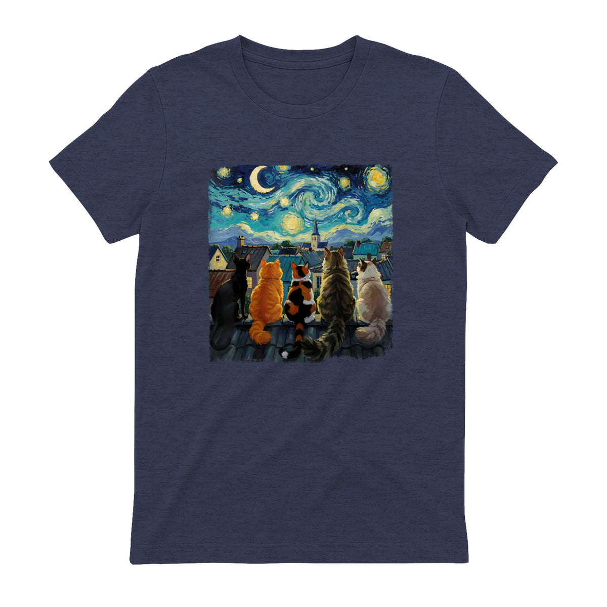 Funny Cat Starry Night Van Gogh Cats Rooftop Scene Feline T-Shirt in Heather Navy - back view
