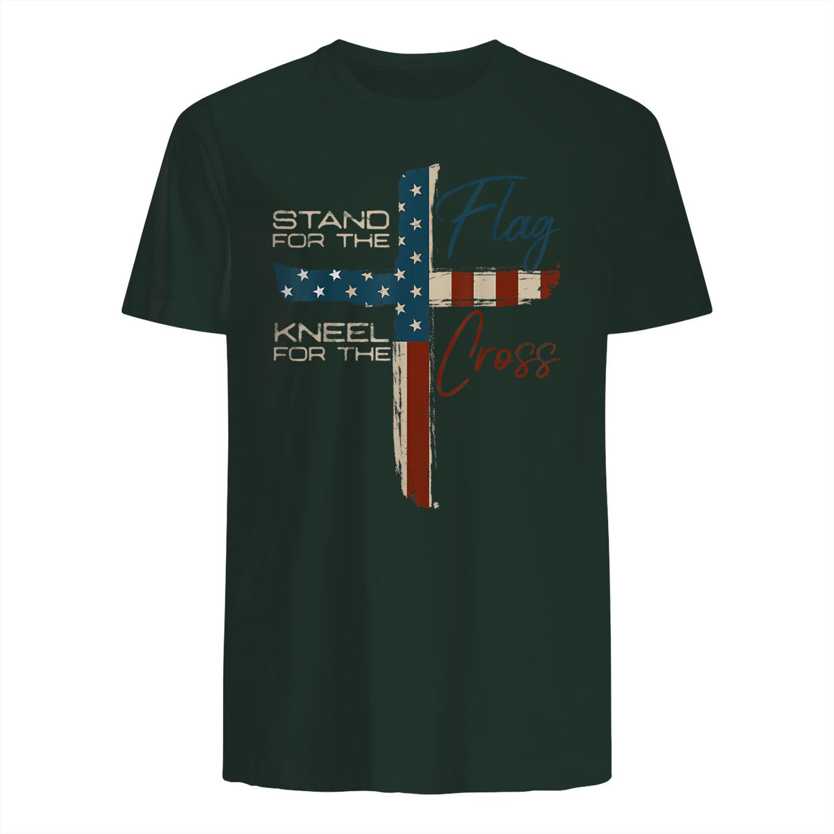USA Flag Religious Quote Fourth of July Christian Faith T-Shirt in Forest Green - back view