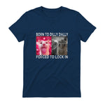 Born to Dilly Dally Forced to Lock in Cat Meme T-Shirt in Navy - back view