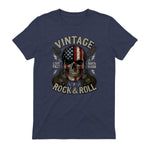 Vintage Rock Skull American Flag Guitar Retro Rock and Roll T-Shirt in Heather Navy - back view