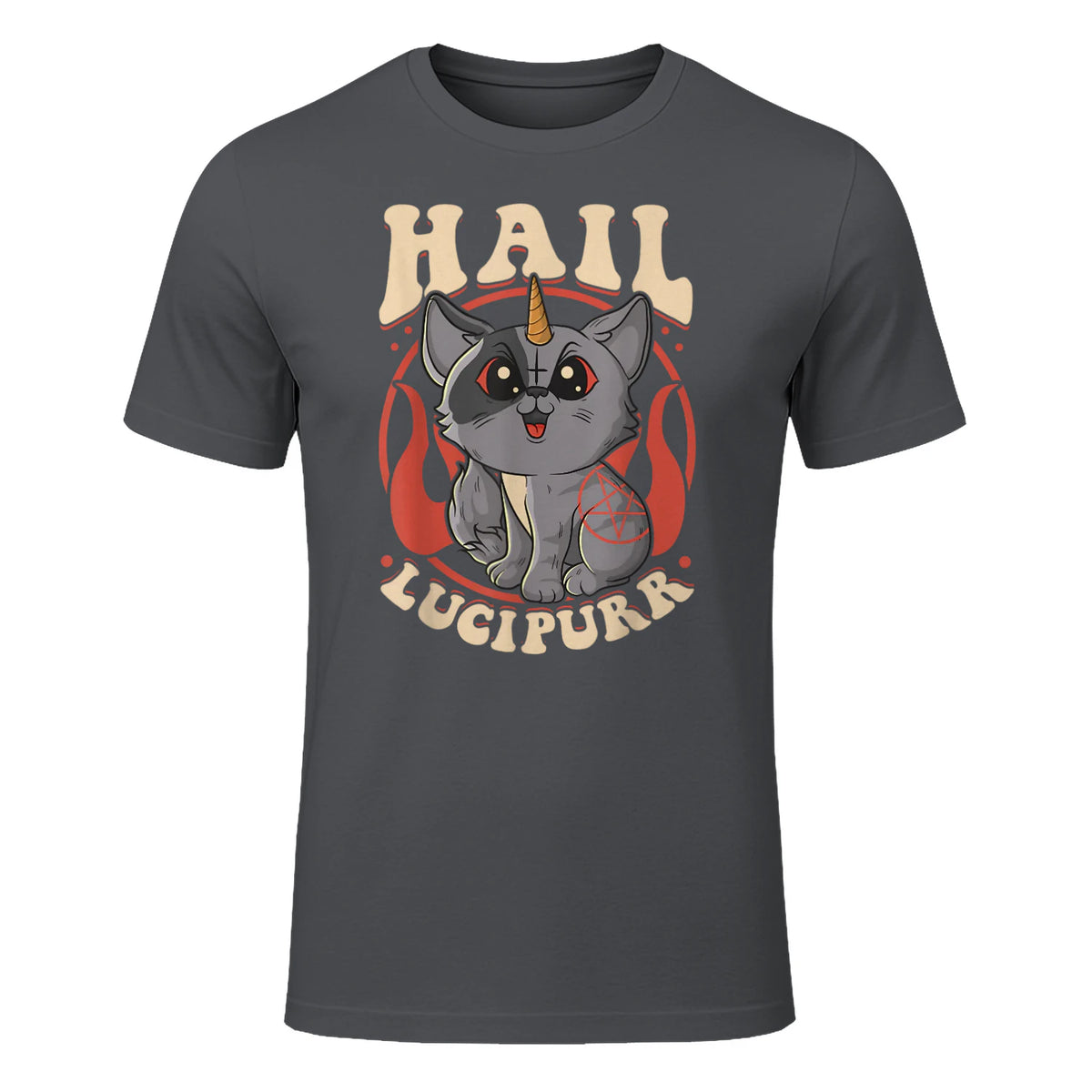 Cute & Funny Satanic Hail Lucipurr Rainbow Kitty Goth in Charcoal - front view
