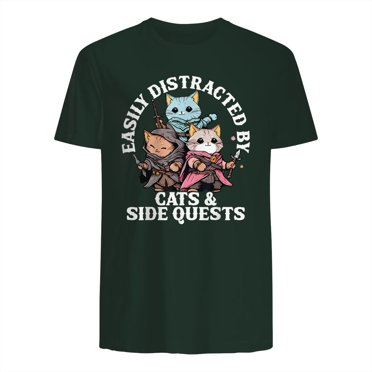Cats Side Quest Funny Tabletop T-Shirt in Forest Green - back view