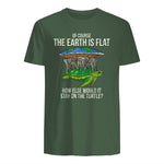 Flat Earth Society T Shirt Turtle Elephants Men Women Gift in Military Green - back view
