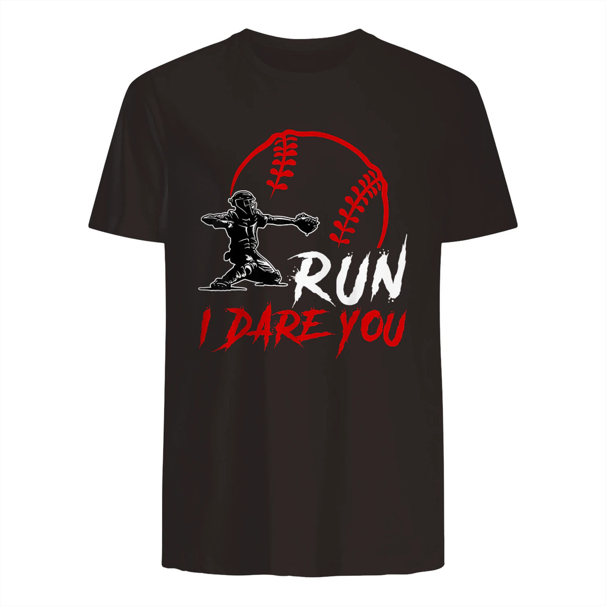 Run Steal I Dare You Humor Baseball Catcher Vintage T-Shirt in Dark Chocolate - back view