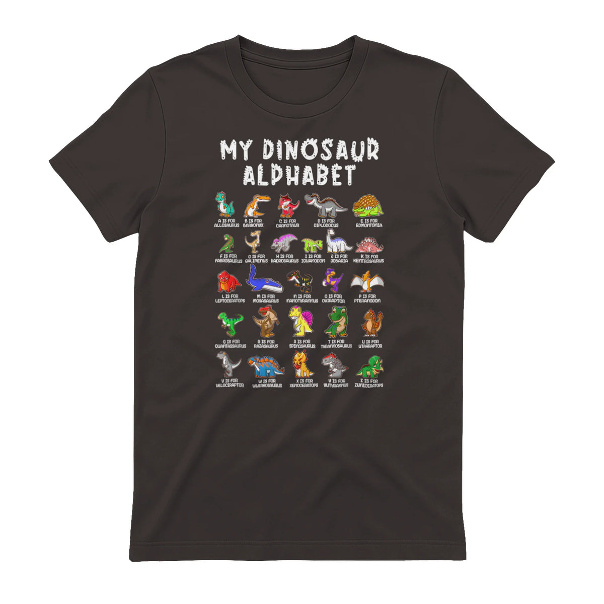 Types Of Dinosaurs Alphabet Dino Identification T-Shirt in Dark Chocolate - back view