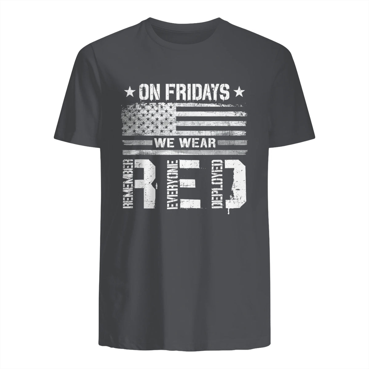 On Friday We Wear Red American Flag Military Supportive T-Shirt in Charcoal - back view