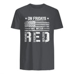 On Friday We Wear Red American Flag Military Supportive T-Shirt in Charcoal - back view