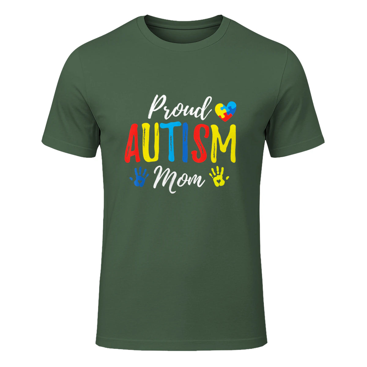 Proud Mom Autism Awareness Family Matching Shirt in Military Green - front view