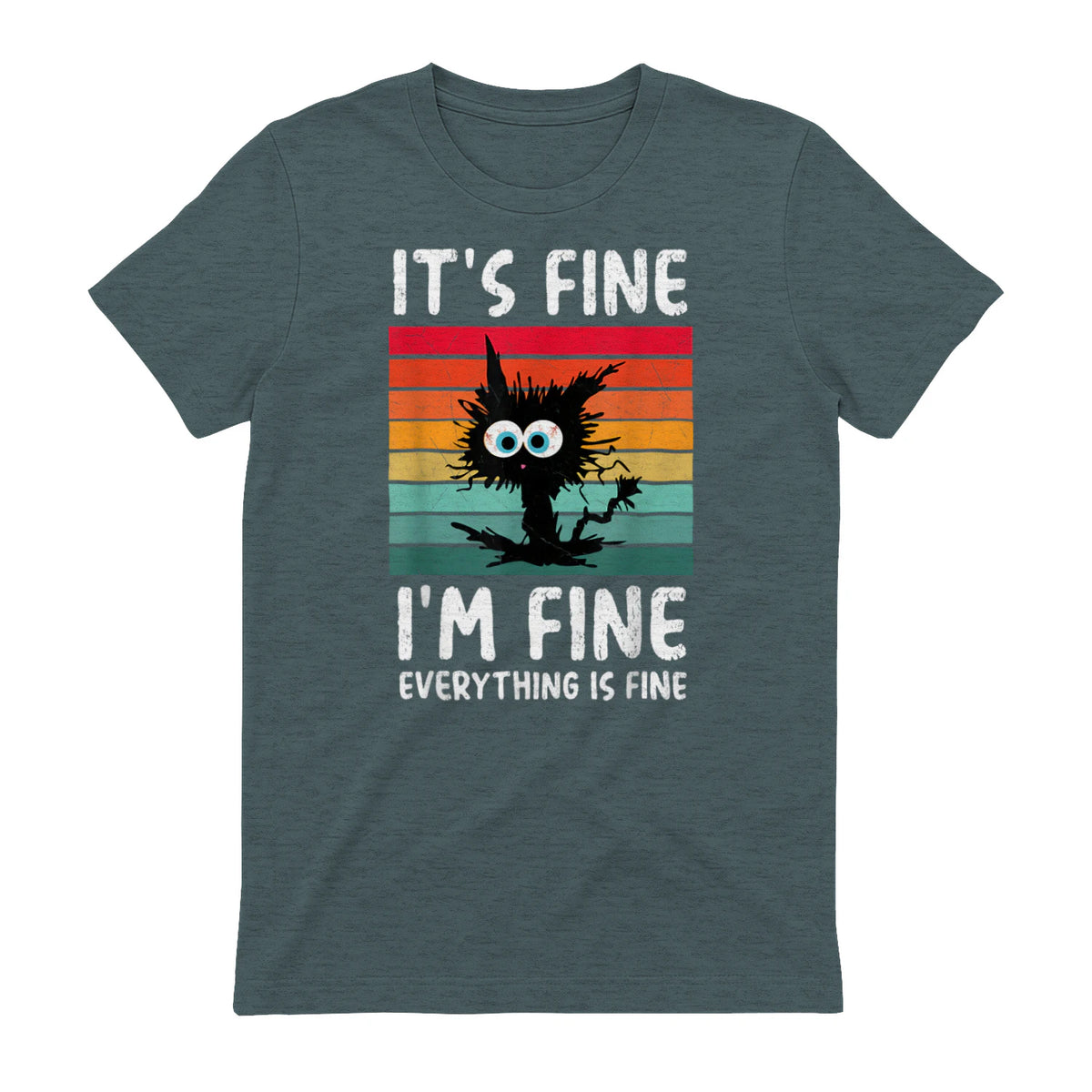 It's Fine I'm Fine Everything Is Fine Funny Black Cat T-Shirt in Dark Heather - back view