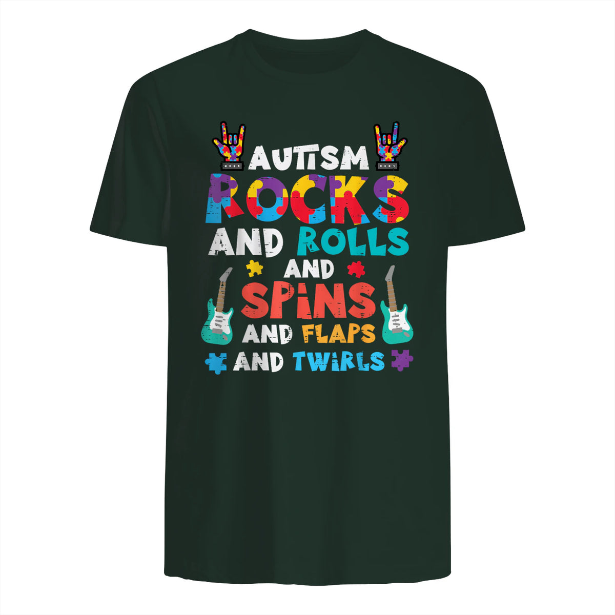 Autism Rocks Rolls Spins Flaps Awareness Boys Kids Women Men in Forest Green - back view