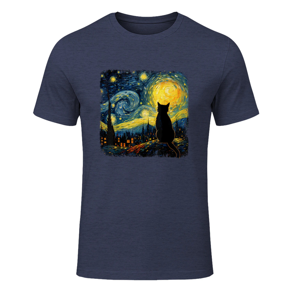 Starry Night Cat Lover T-Shirt in Heather Navy - front view