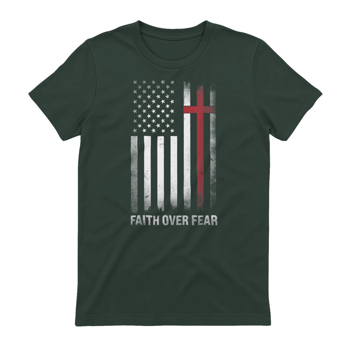 Christian US USA Flag American Christ Faith Over Fear Cross T-Shirt in Forest Green - back view