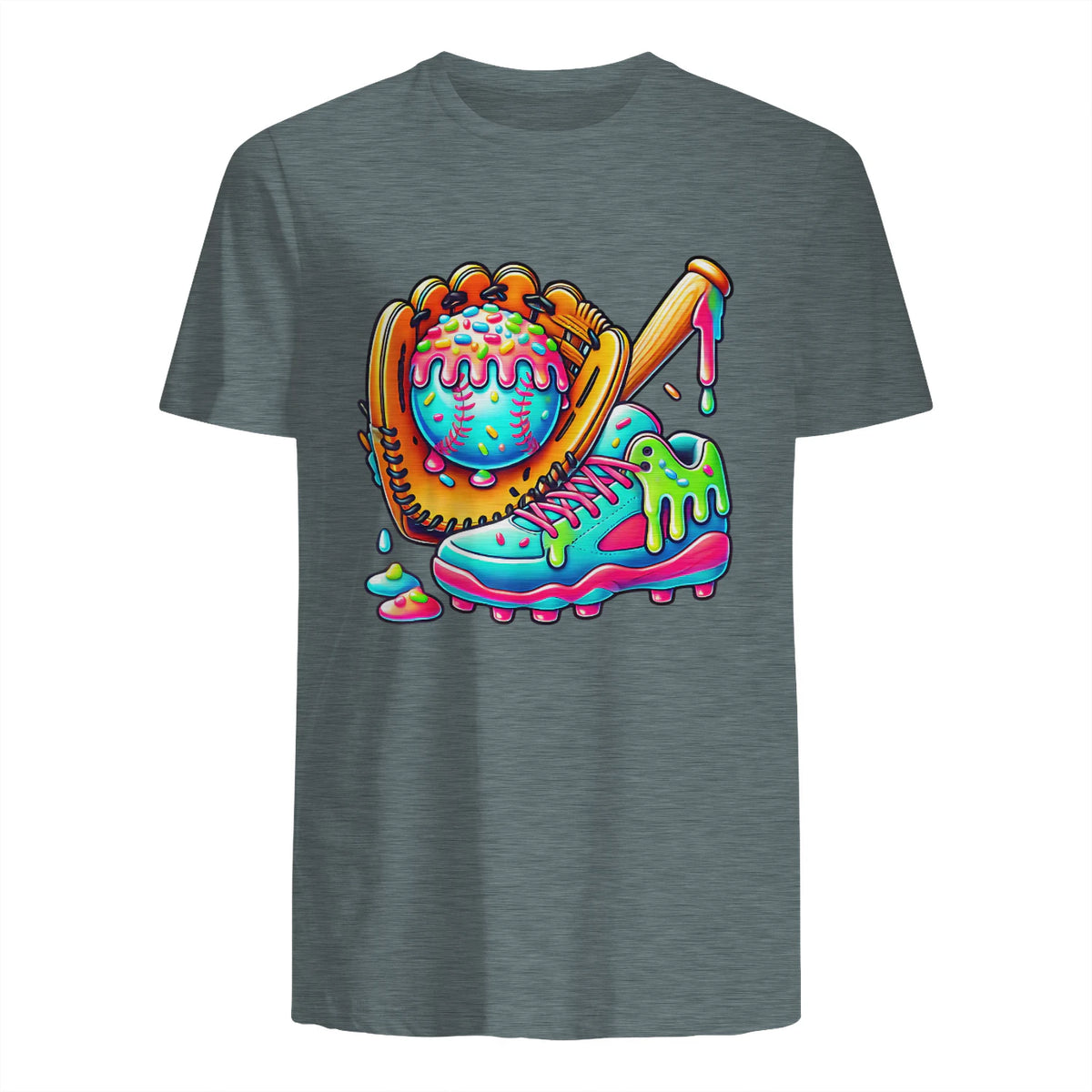 Ice Cream Drip Baseball Stuff Baseball Drip for Boys Graphic T-Shirt in Dark Heather - back view