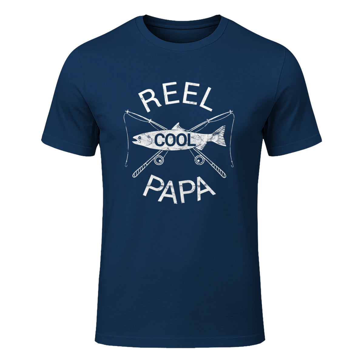 Funny Fishing Reel Cool Papa Dad Joke T-Shirt in Navy - front view