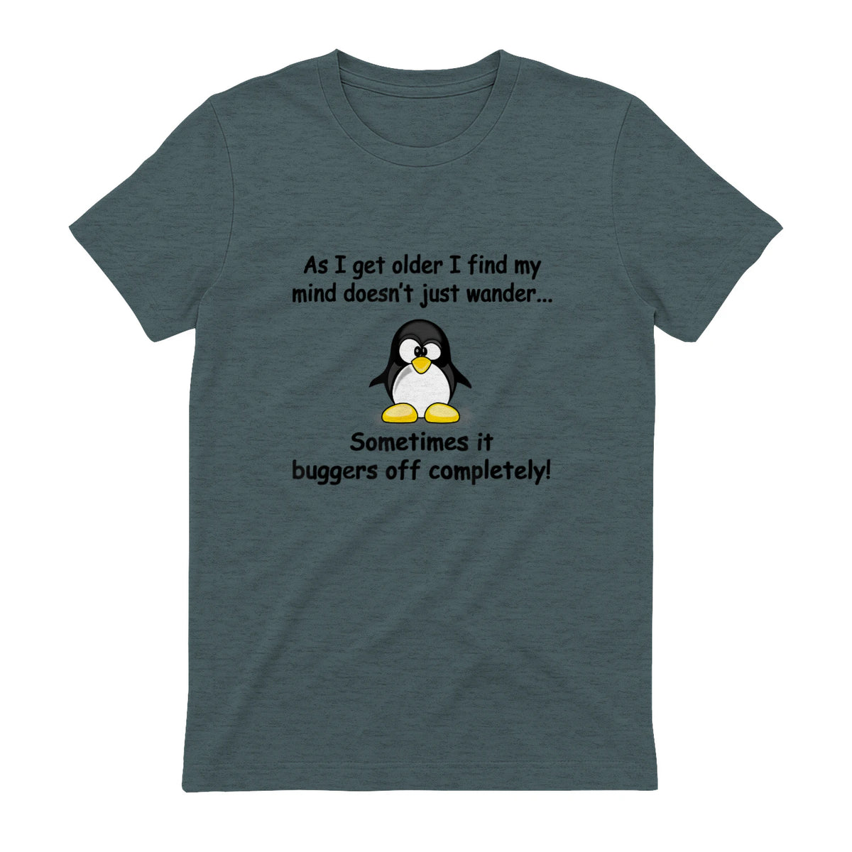 Funny silly penguin t-shirt mens ladies retirement gift in Dark Heather - back view