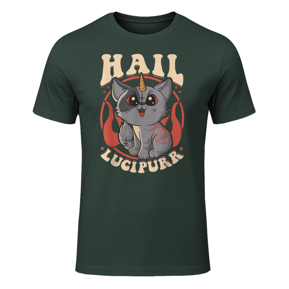 Cute & Funny Satanic Hail Lucipurr Rainbow Kitty Goth in Forest Green - front view