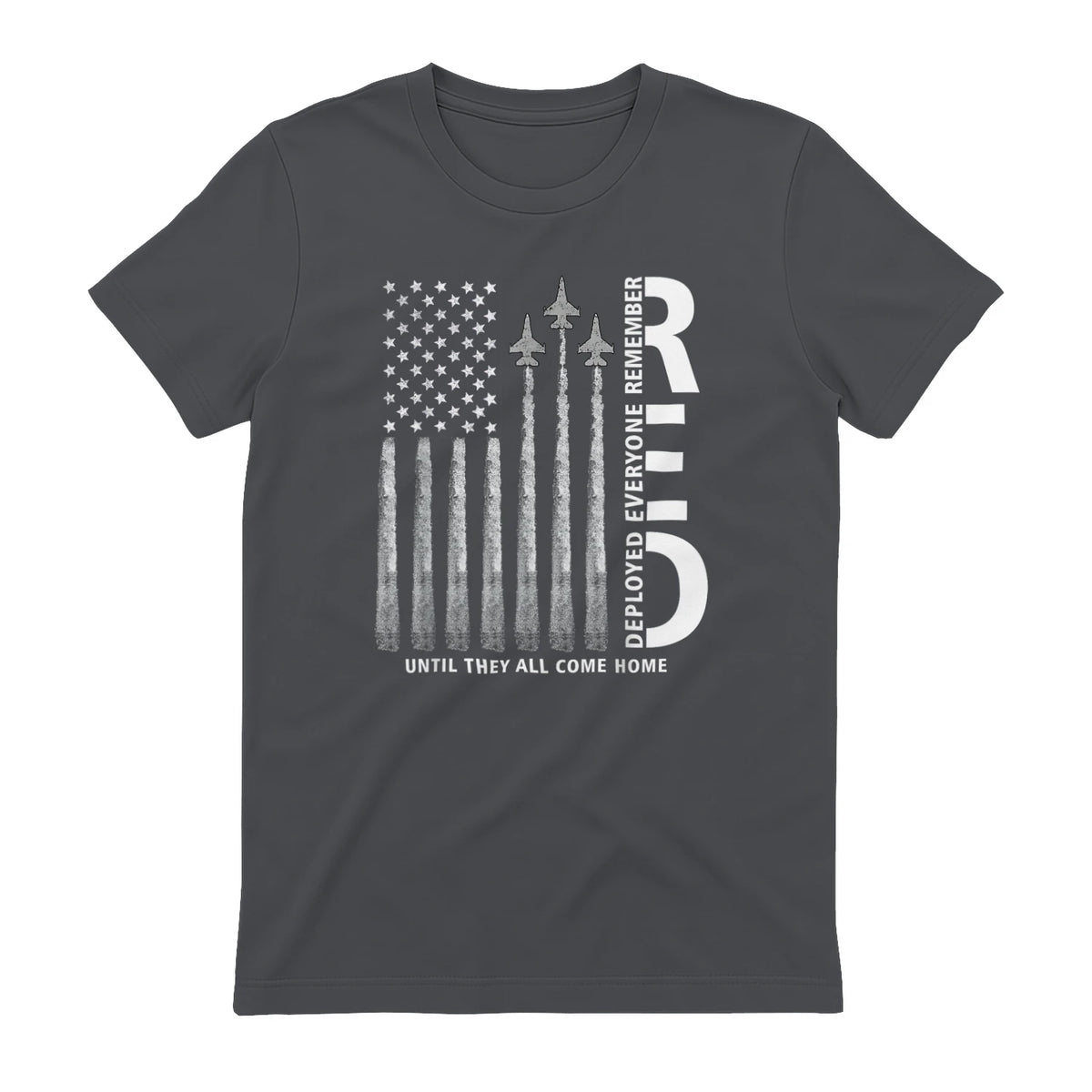 Remember Everyone Deployed RED Friday Military American Flag T-Shirt in Charcoal - back view