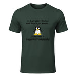 Funny silly penguin t-shirt mens ladies retirement gift in Forest Green - front view