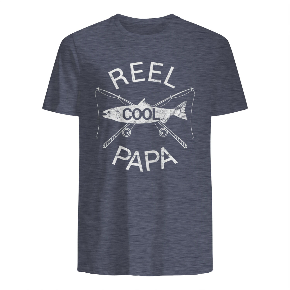 Funny Fishing Reel Cool Papa Dad Joke T-Shirt in Heather Navy - back view
