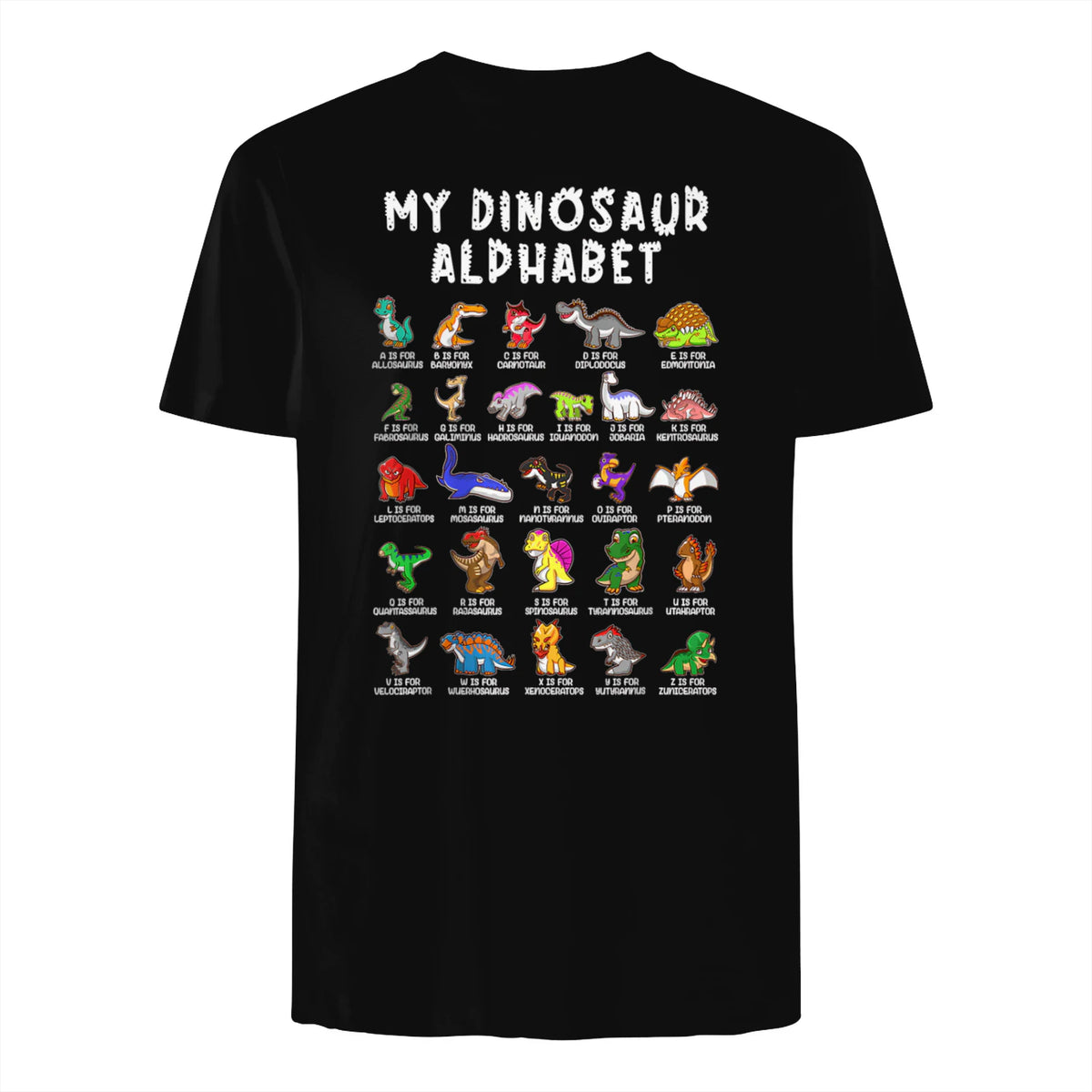 Types Of Dinosaurs Alphabet Dino Identification T-Shirt in Black - back view