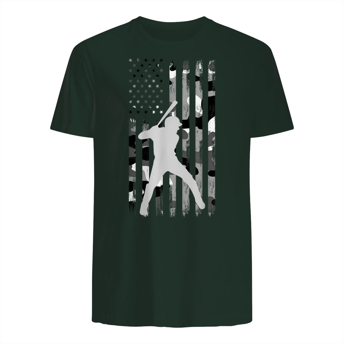 Baseball Player American Flag USA Camo Patriotic Graphic T-Shirt in Forest Green - back view