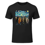 Funny Cat Starry Night Van Gogh Cats Rooftop Scene Feline T-Shirt in Black - front view