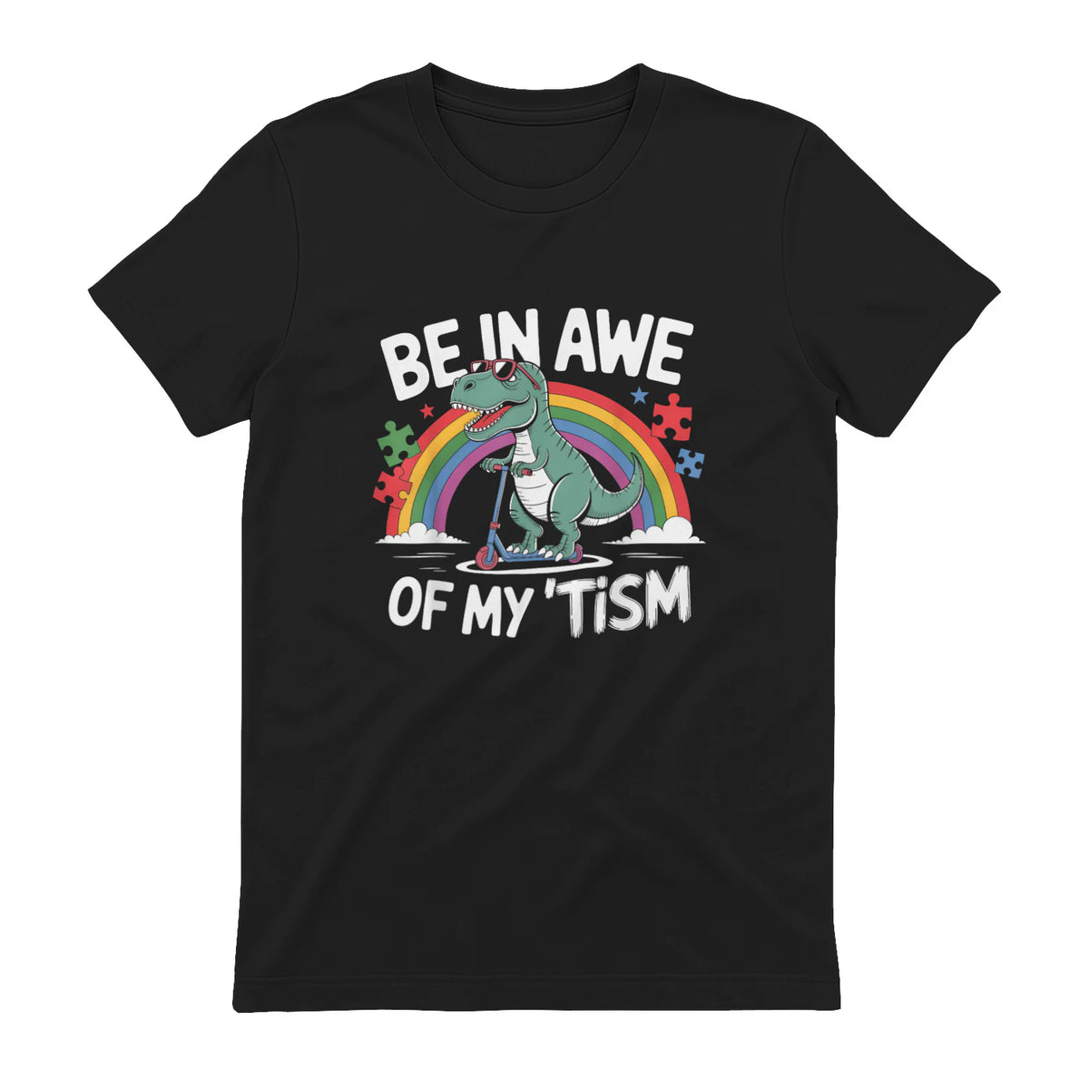 Trex Dinosaur Autism Awareness Be in Awe of My Tism Kids in Black - back view